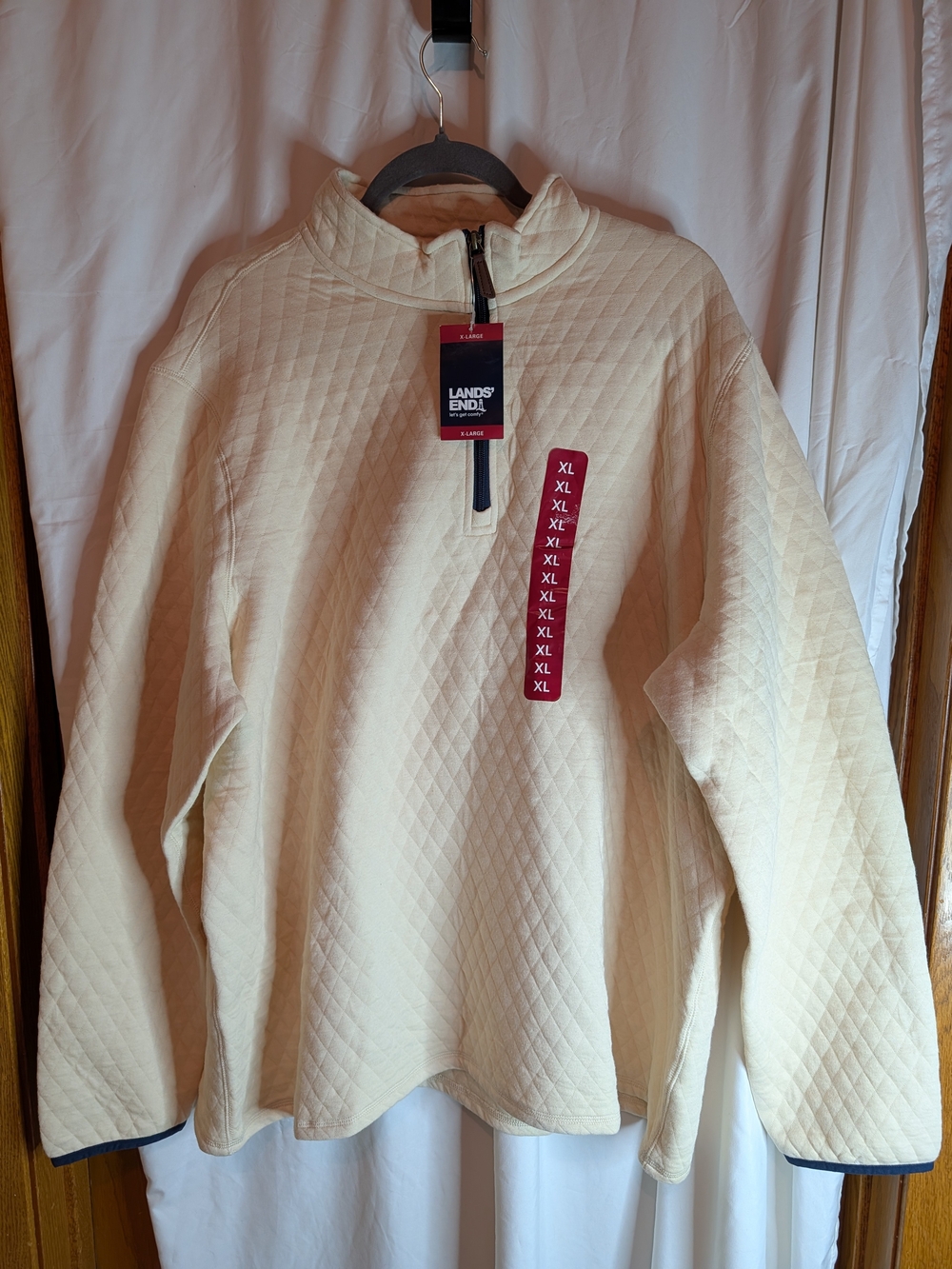 Lands' End Men's Cream Quilted Half-Zip Sweater - XL